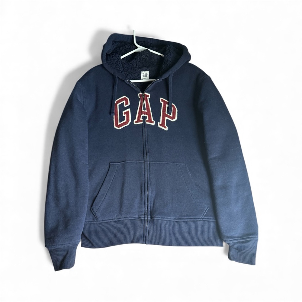 VTG Soft Arch Logo Hoodie Sweatshirt Kanga pocket Blue Zip-Up Hoodie Unisex SZ S
